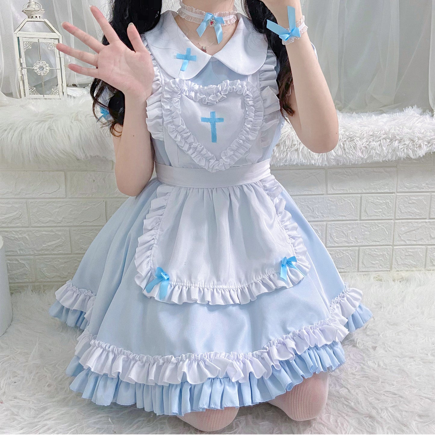 Japanese Anime Soft Girl Lolita Sky Blue Cross Maid Cosplay Dress