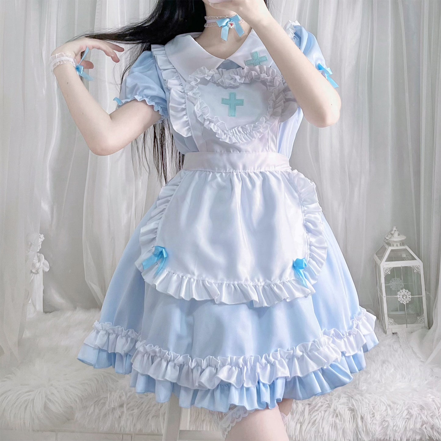 Japanese Anime Soft Girl Lolita Sky Blue Cross Maid Cosplay Dress