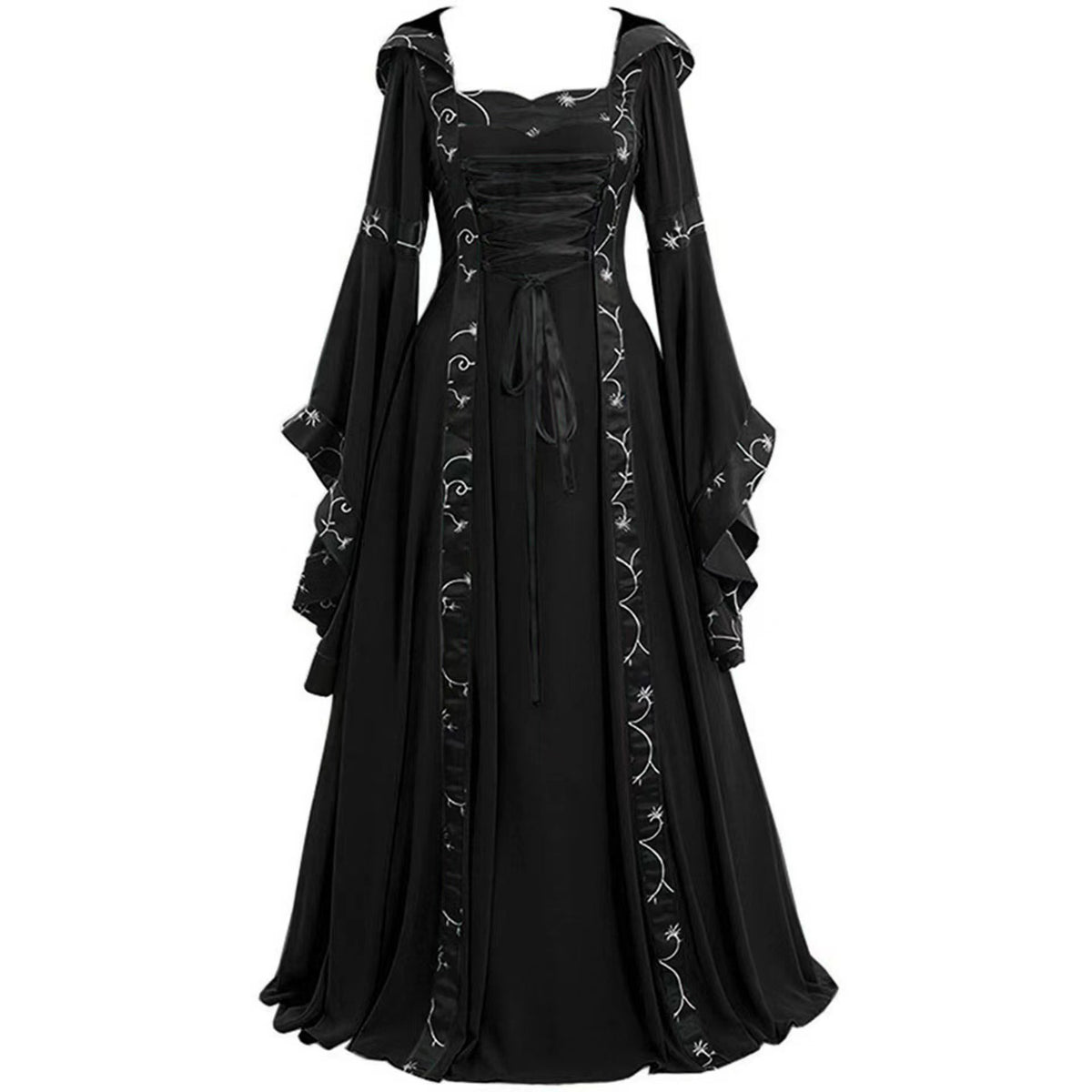 Women's Gothic Medieval Hooded Dress – Lace-Up Witch Fantasy Costume
