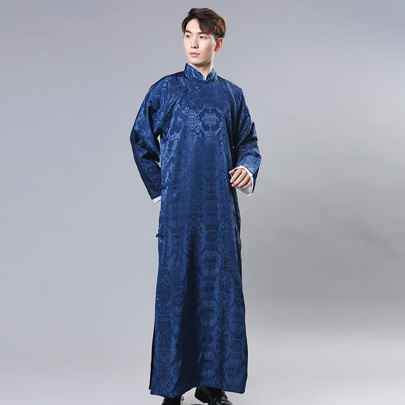Mens Chinese Changshan Long Gown Groomsman Wedding Host Performance Robe