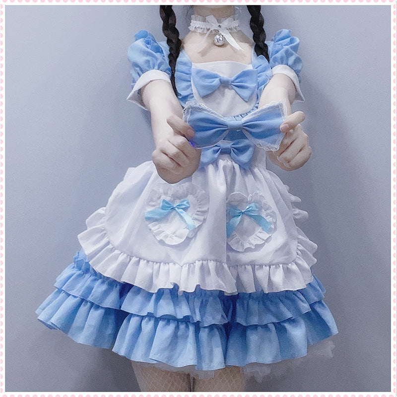 Japanese Anime Sexy Cream Sweetheart Maid Dress & Blue Pure Lolita Dress Full Set