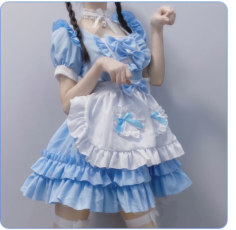 Japanese Anime Sexy Cream Sweetheart Maid Dress & Blue Pure Lolita Dress Full Set