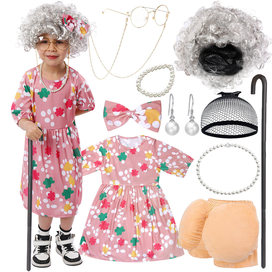 Kids Old Person Costume Set Grandma Grandpa School Reading Day Party