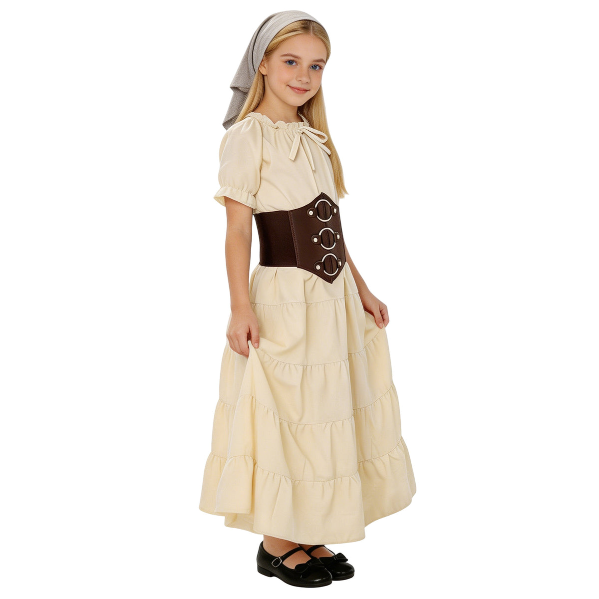 Girls Medieval Renaissance Peasant Dress – Village Girl Costume with Corset Belt