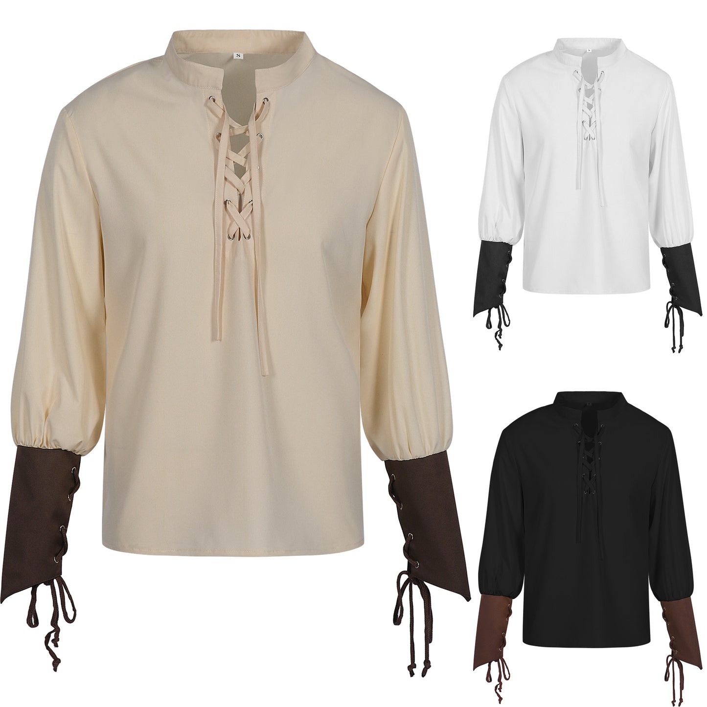 Mens Steampunk Pirate Shirt Lace Up Long Sleeve Medieval Tunic Top 3 Colors