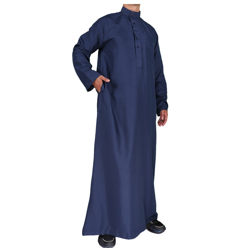 Mens Muslim Clothing Saudi Arab Long Sleeve Thobe Islamic Jubba Kaftan Long Robe Dark Blue