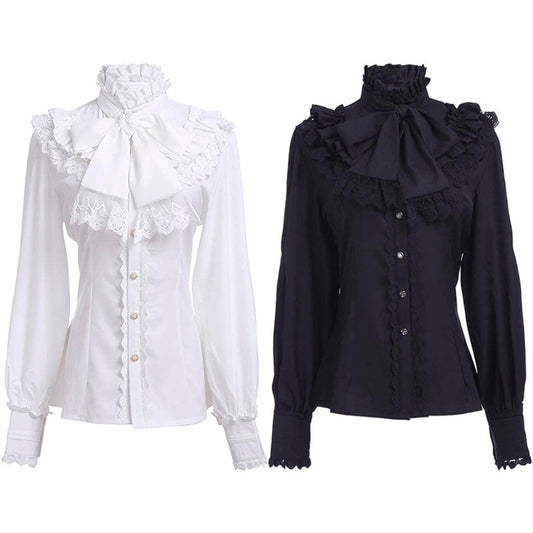 Victorian Era Shirt Women's Gothic Shirt Vintage Long Sleeve Lotus Pleated Top Black/White/Wine Red
