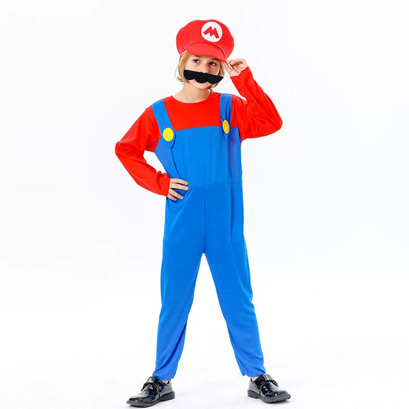 Family Bros Costume Set Adults Kids Game Theme Jumpsuit Hat Mustache