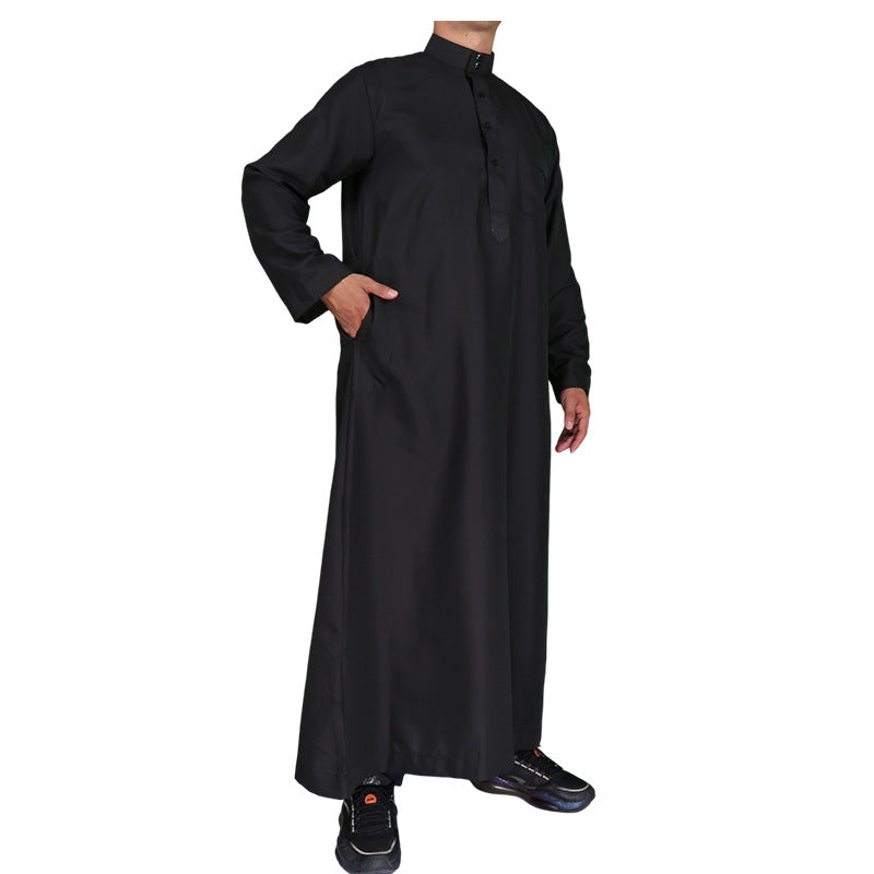 Mens Muslim Clothing Saudi Arab Long Sleeve Thobe Islamic Jubba Kaftan Long Robe Black