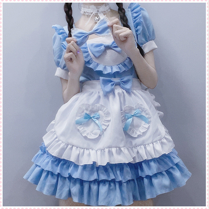 Japanese Anime Sexy Cream Sweetheart Maid Dress & Blue Pure Lolita Dress Full Set