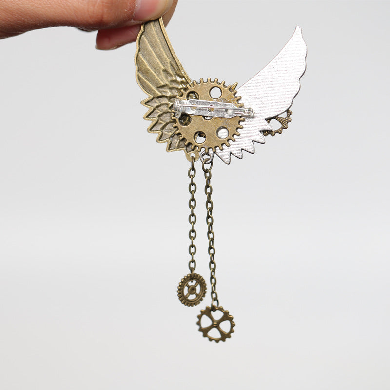 Steampunk Mechanical Wing Brooch Gear Clock Chain Jacket Lapel Pin