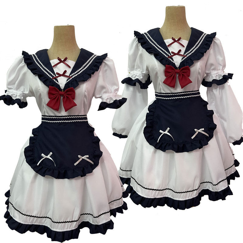 Japanese Little Navy Dress, Lolita Maid Dress JK Pleated Bow Cute Lolita Dress