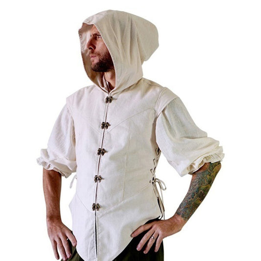 Men's Linen Shirt Medieval Solid Slim Fit 3/4 Sleeve Hooded T-shirt Shirt Retro Vintage Metal Buttons