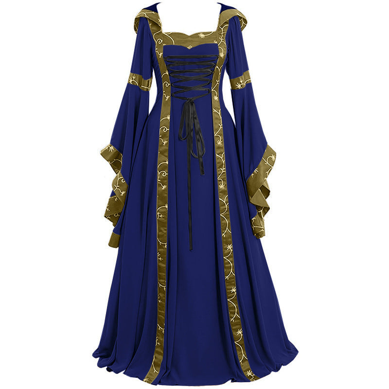 Women's Gothic Medieval Hooded Dress – Lace-Up Witch Fantasy Costume