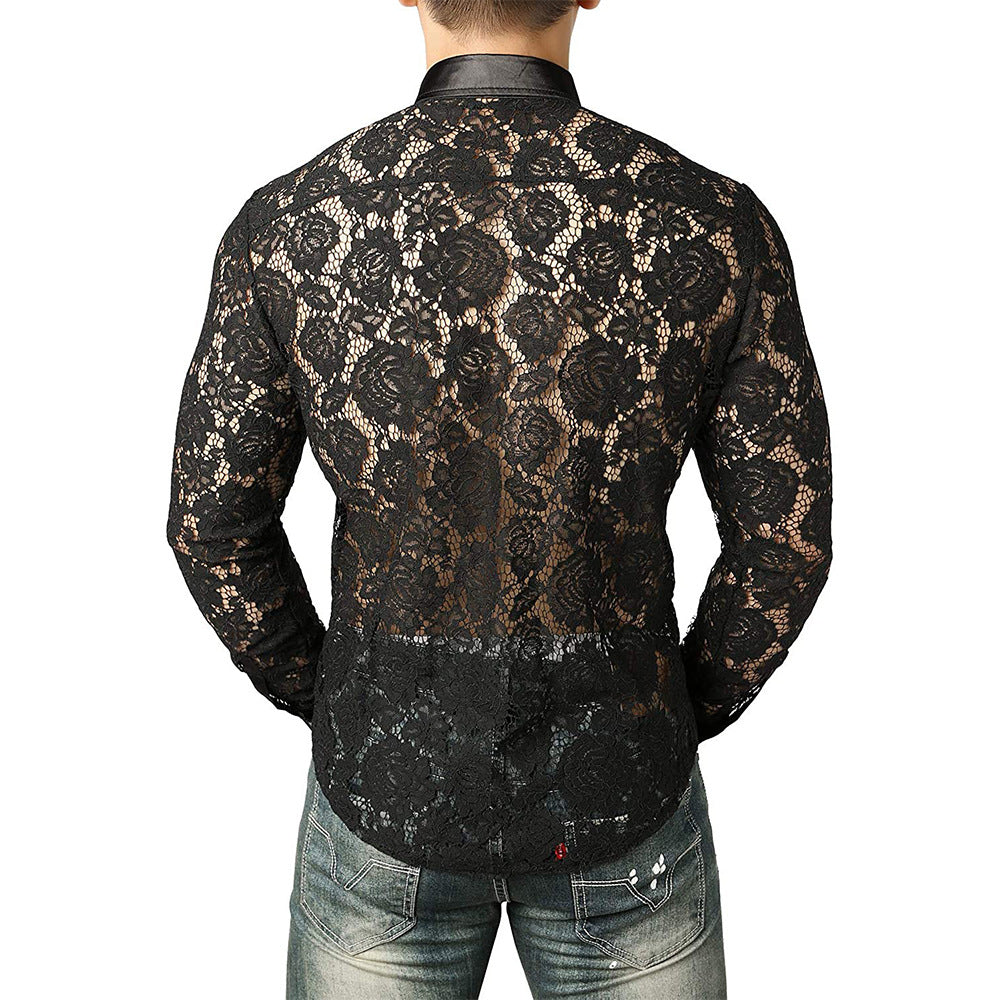 Medieval Vintage Style Men's Sheer Floral Lace Transparent Long Sleeve Button-up Shirt