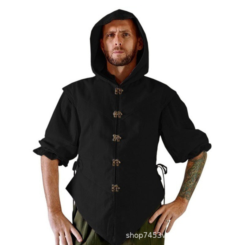 Men's Linen Shirt Medieval Solid Slim Fit 3/4 Sleeve Hooded T-shirt Shirt Retro Vintage Metal Buttons