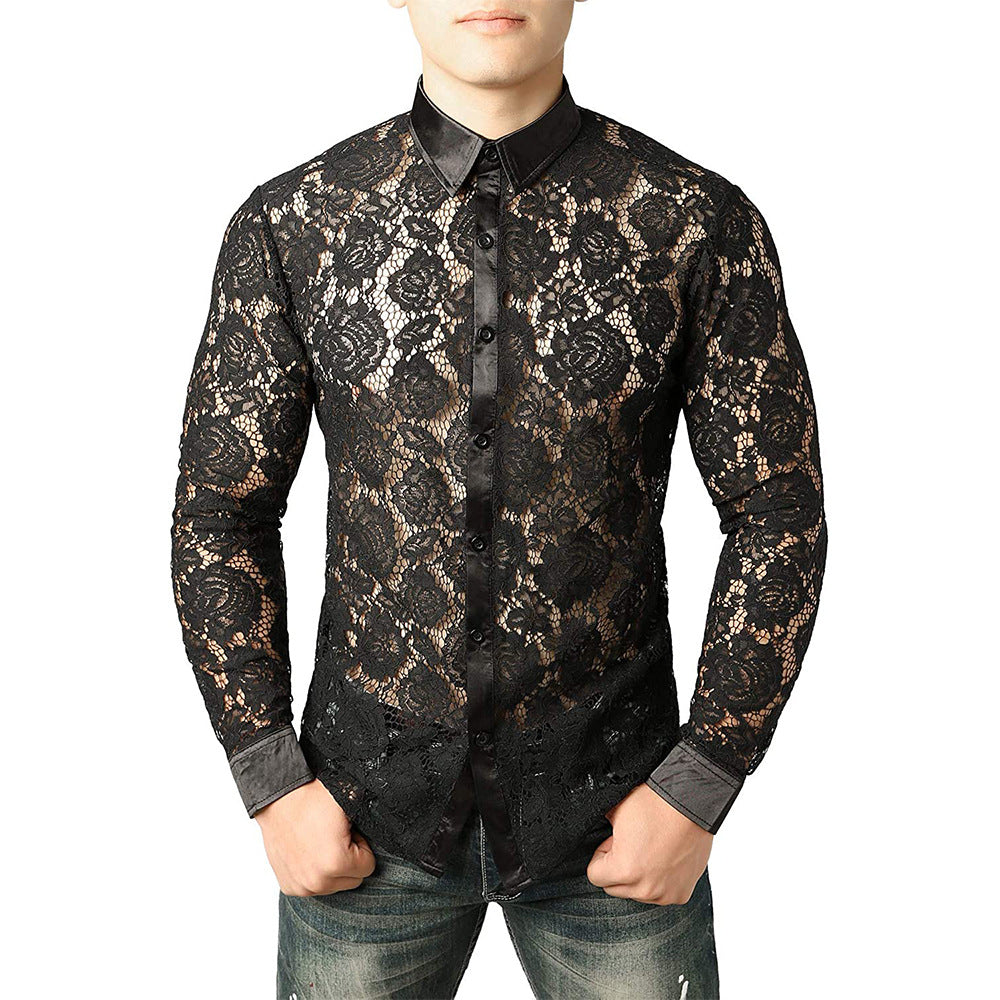 Medieval Vintage Style Men's Sheer Floral Lace Transparent Long Sleeve Button-up Shirt