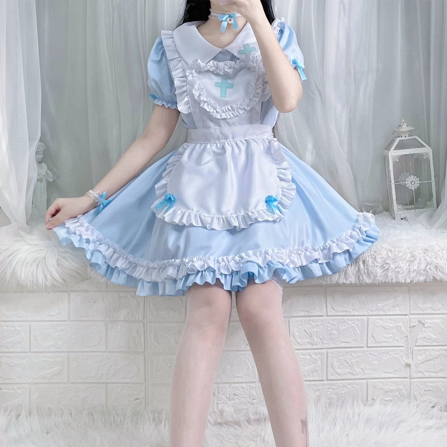 Japanese Anime Soft Girl Lolita Sky Blue Cross Maid Cosplay Dress