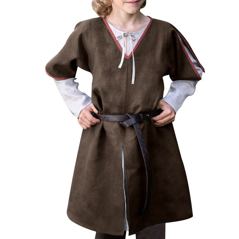 Children's V-neck Hemming Short-sleeved Kid Medieval Linen Warrior Viking Top Tunic