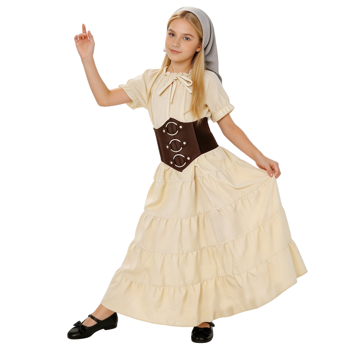 Girls Medieval Renaissance Peasant Dress – Village Girl Costume with Corset Belt