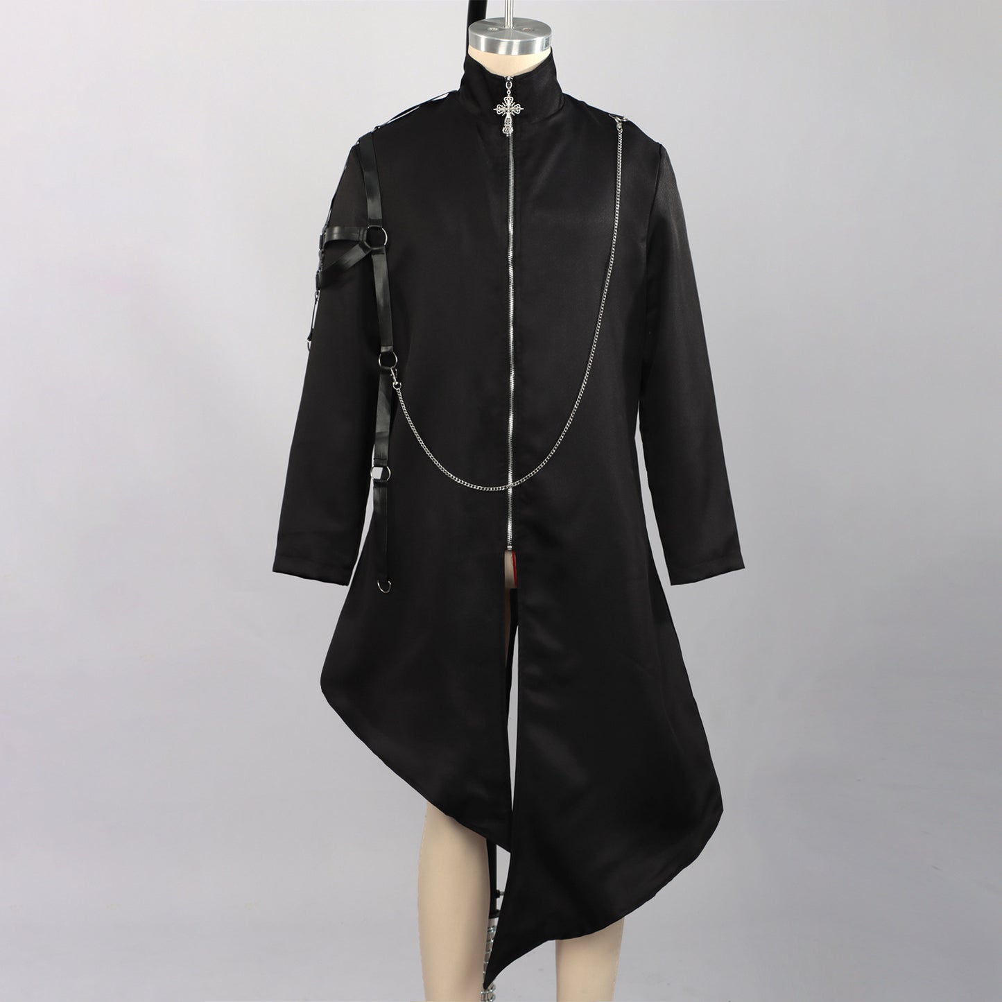 Men’s Gothic Punk Chain Long Coat Steampunk Asymmetric Jacket Medieval Cosplay Top