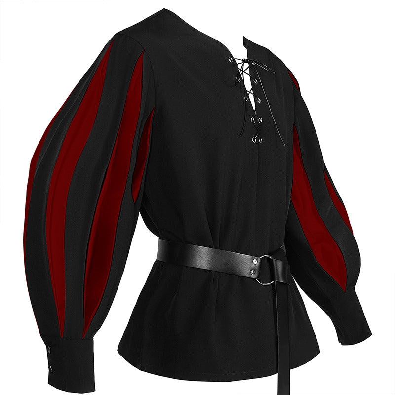 Vintage Medieval Theater Opera Men's Costume Color-Blocked Lace-Up Collar Shirt Cosplay Top