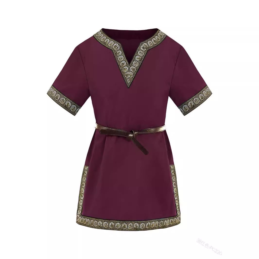 Kids Medieval Viking Tunic Shirt Renaissance Costume Top Retro V-Neck Outfit