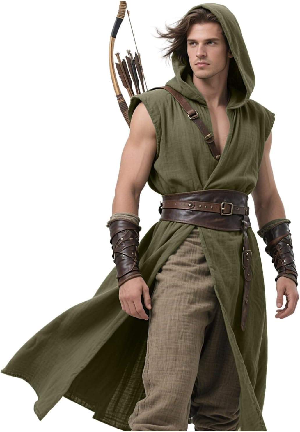 Men’s Medieval Hooded Sleeveless Coat Viking Renaissance Robe LARP Cosplay Tunic