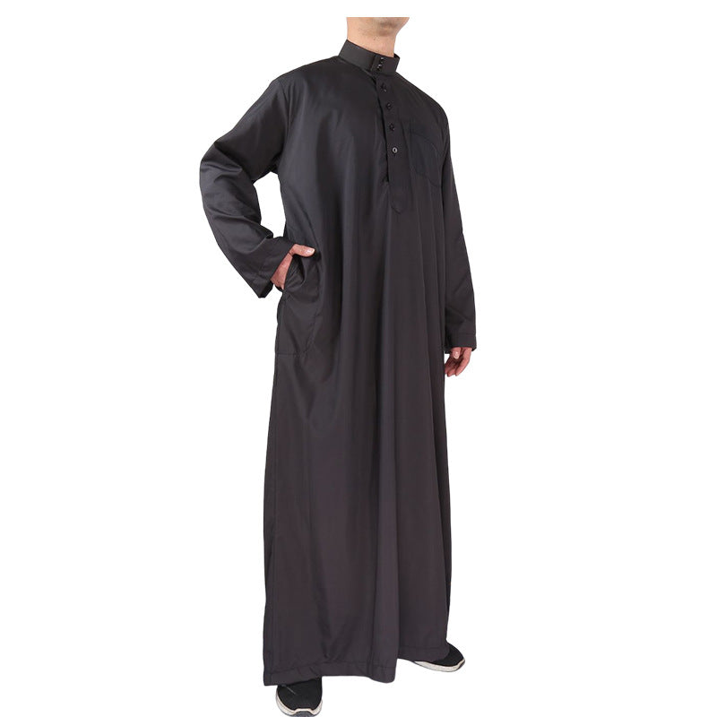 Mens Muslim Clothing Saudi Arab Long Sleeve Thobe Islamic Jubba Kaftan Long Robe Black