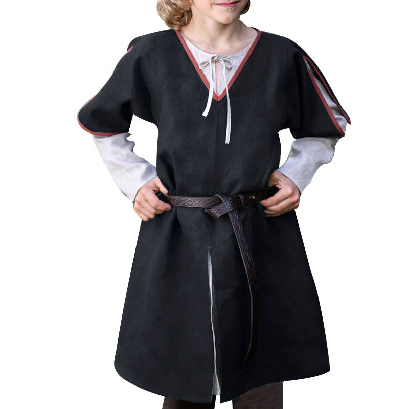 Children's V-neck Hemming Short-sleeved Kid Medieval Linen Warrior Viking Top Tunic