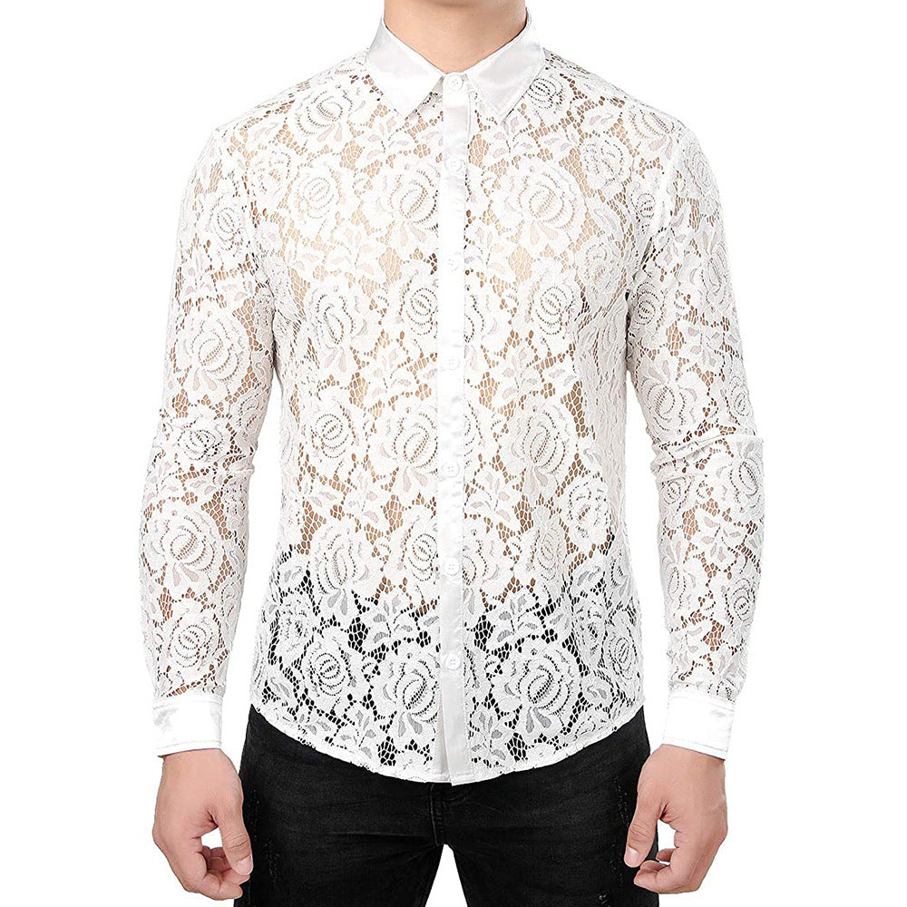 Medieval Vintage Style Men's Sheer Floral Lace Transparent Long Sleeve Button-up Shirt