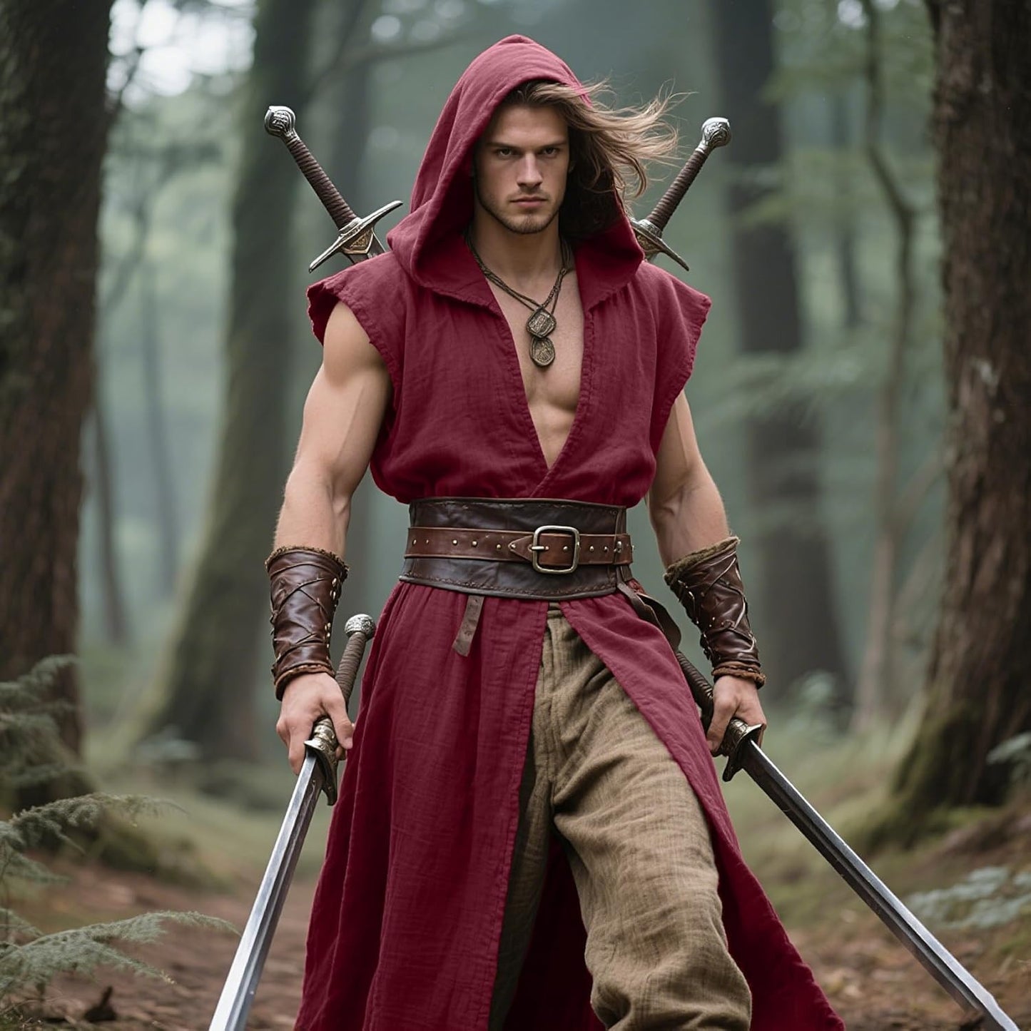 Men’s Medieval Hooded Sleeveless Coat Viking Renaissance Robe LARP Cosplay Tunic