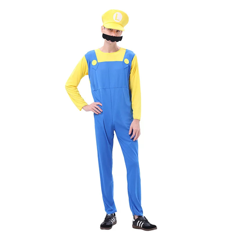 Family Bros Costume Set Adults Kids Game Theme Jumpsuit Hat Mustache