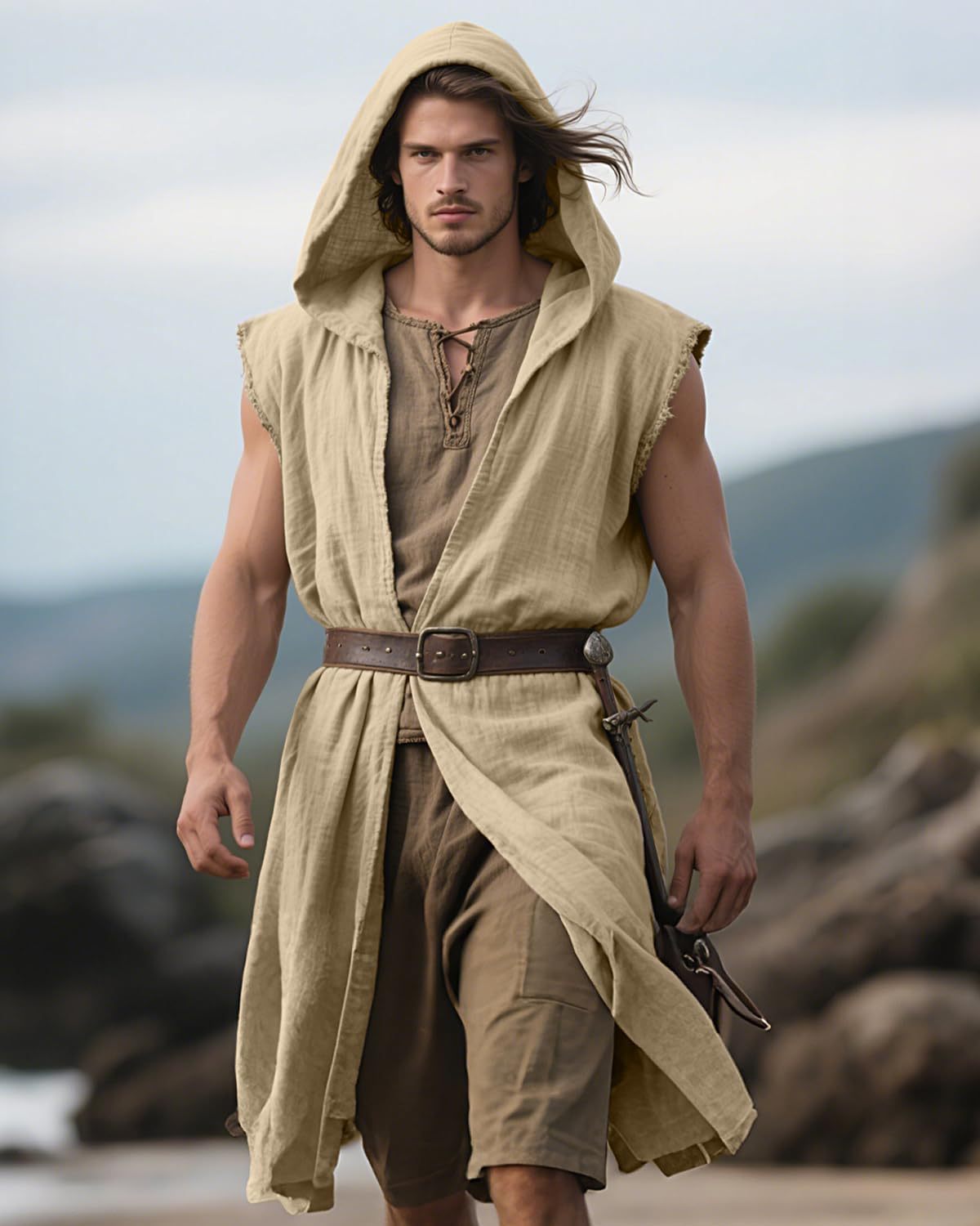 Men’s Medieval Hooded Sleeveless Coat Viking Renaissance Robe LARP Cosplay Tunic