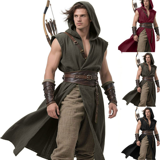 Men’s Medieval Hooded Sleeveless Coat Viking Renaissance Robe LARP Cosplay Tunic