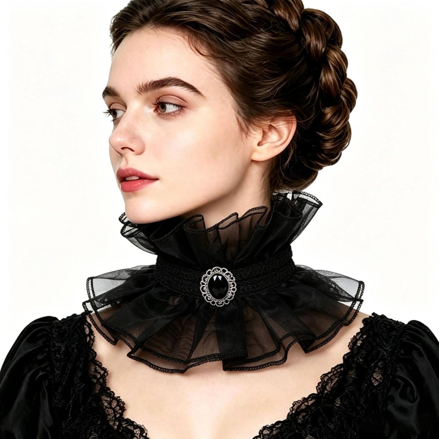 Renaissance Lace Stand Up Collar Gothic Vampire Gem Choker Victorian Neckpiece