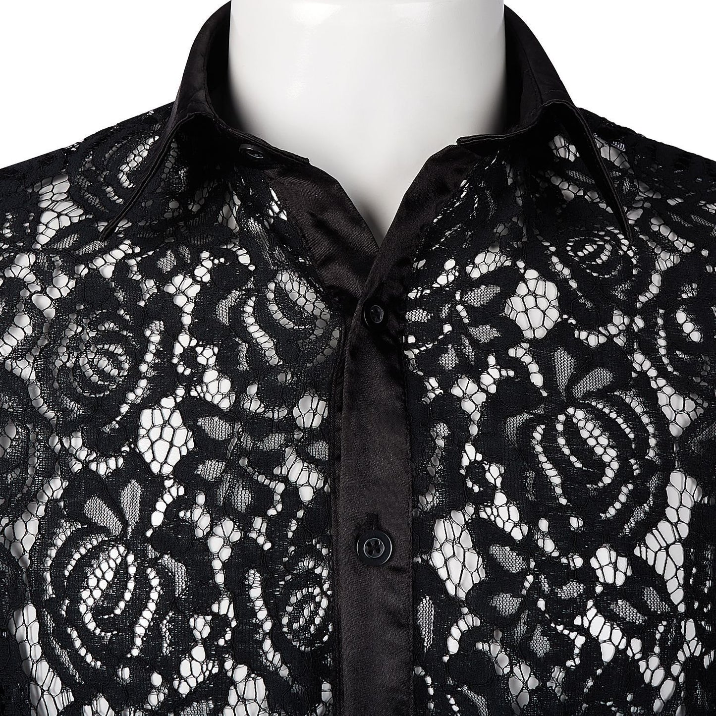 Medieval Vintage Style Men's Sheer Floral Lace Transparent Long Sleeve Button-up Shirt