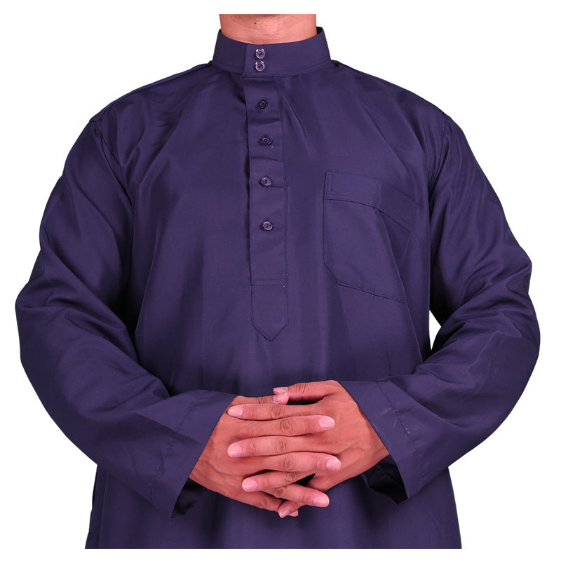 Mens Muslim Clothing Saudi Arab Long Sleeve Thobe Islamic Jubba Kaftan Long Robe Dark Blue