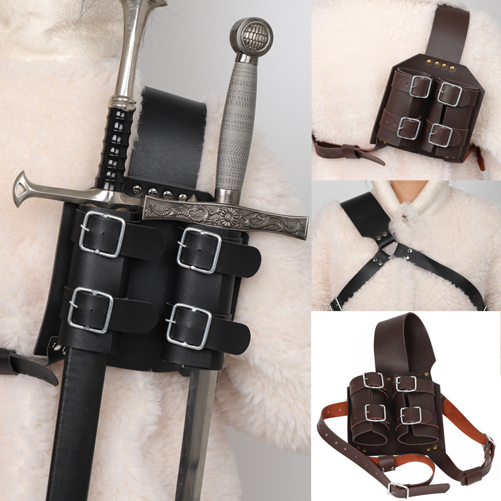 Medieval Knight Double Sword Belt Harness PU Leather Cosplay Scabbard