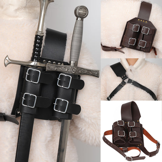 Medieval Double Sword Scabbard Harness PU Leather Knight LARP Back Holder