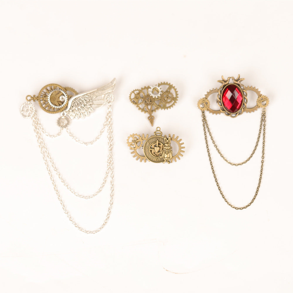 Steampunk Gear Wing Brooch Victorian Gothic Chain Lapel Pin Cosplay Accessory