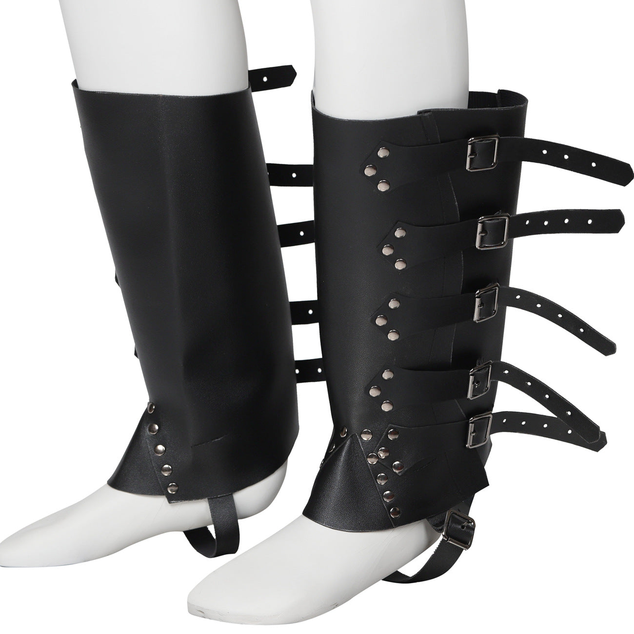 Medieval Renaissance Rider, PU, Leather Punk Shin Guards, Shoe Covers, Boots, Belt Buckle for Knights Crusader