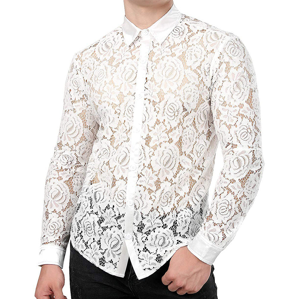 Medieval Vintage Style Men's Sheer Floral Lace Transparent Long Sleeve Button-up Shirt