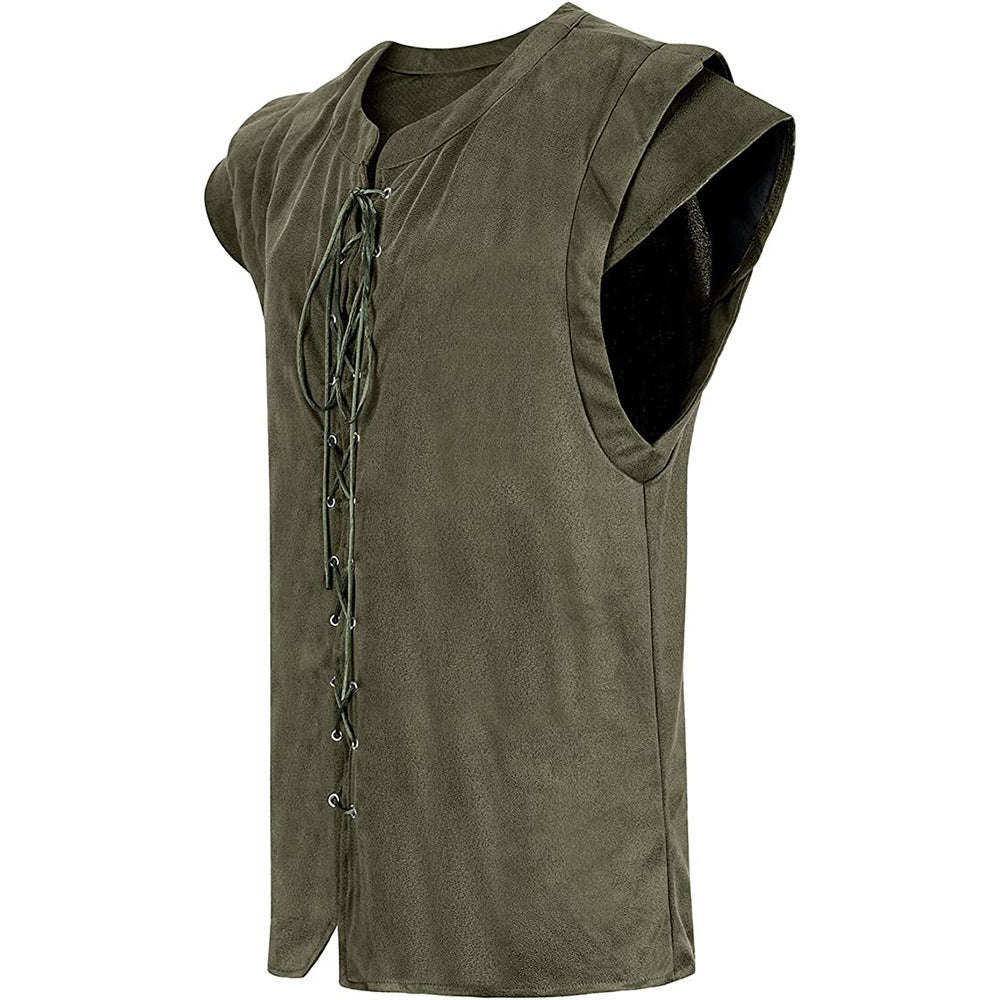 Viking Pirate Vest Plays Lace up Suede T-shirt Halloween Renaissance Cosplay Costumes