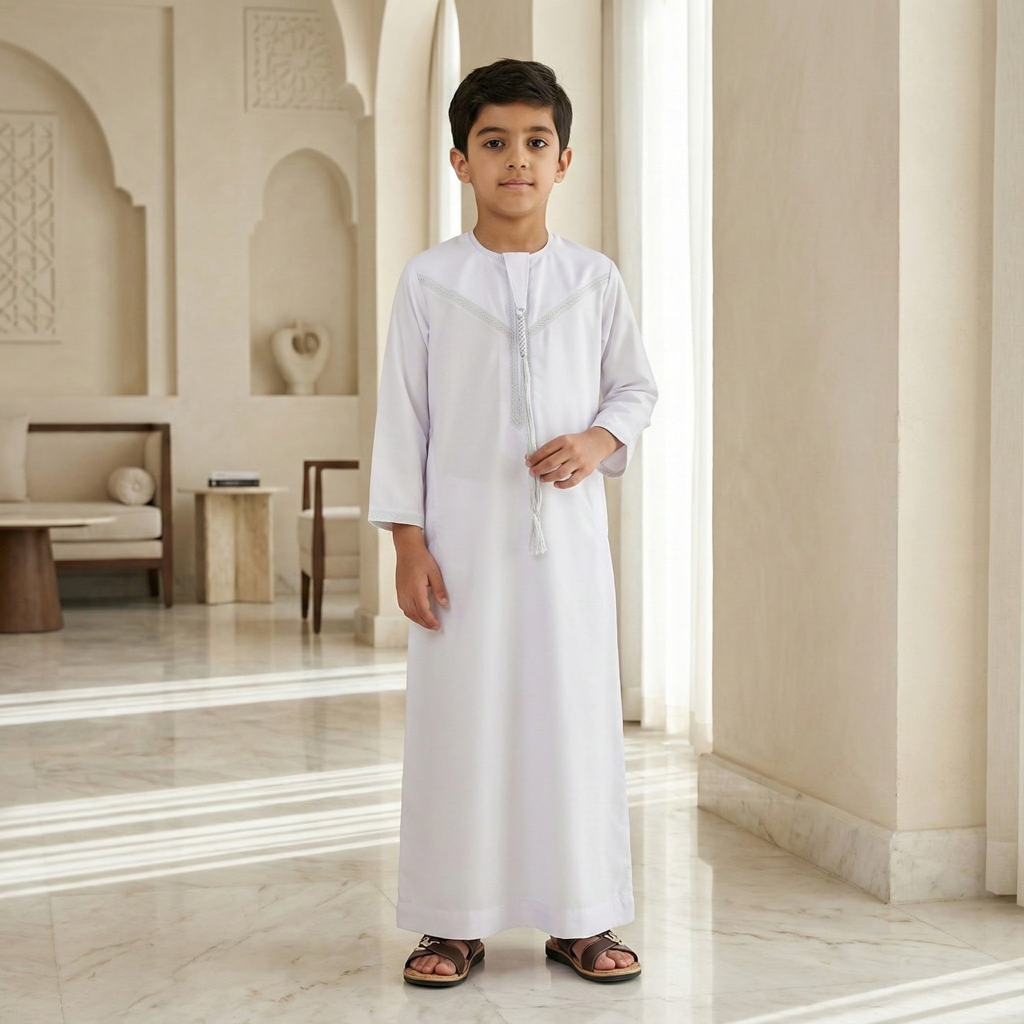 Boys White Thobe Traditional Kids Long Robe Eid Formal Outfit