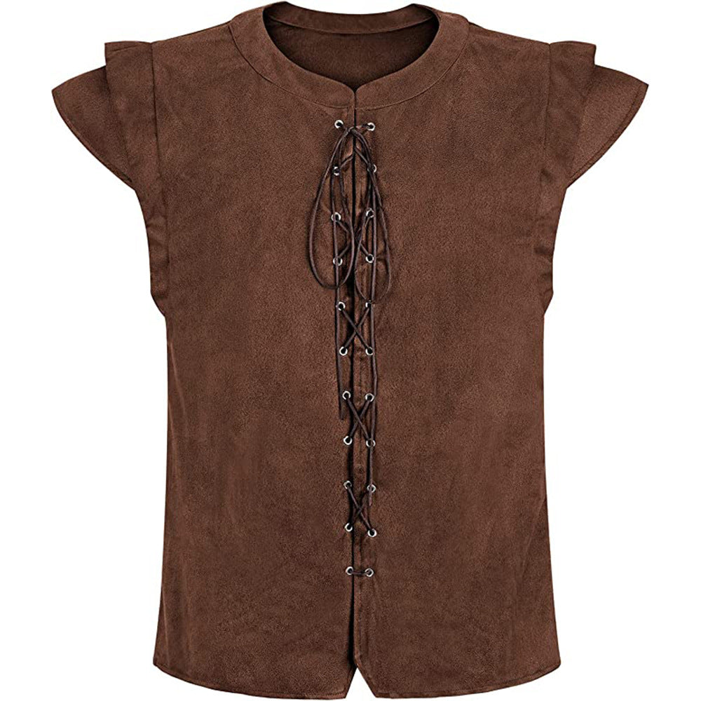 Viking Pirate Vest Plays Lace up Suede T-shirt Halloween Renaissance Cosplay Costumes