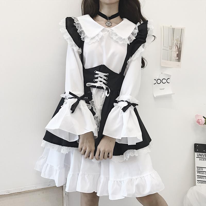 Japanese Style Crossdressing Lolita Distinguished Dress - Women's Long Sleeve Short Skirt Western-style Cosplay Maid Costume