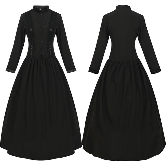 Halloween Medieval Costume Women's High-Collar Grand Ruffle Hem Retro Long Dress