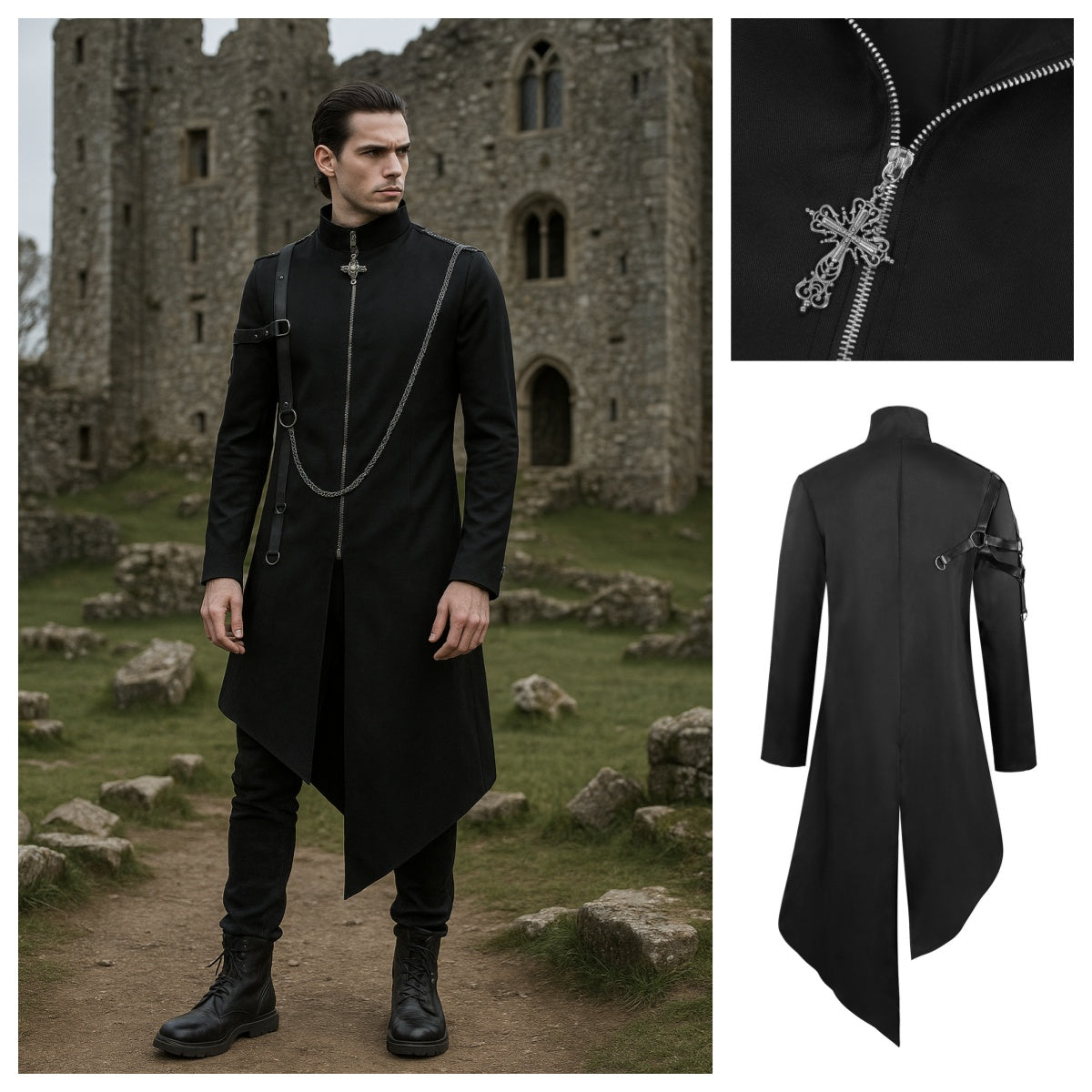 Men’s Gothic Punk Chain Long Coat Steampunk Asymmetric Jacket Medieval Cosplay Top