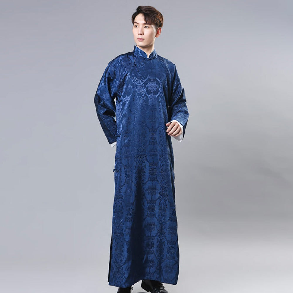 Mens Chinese Changshan Long Gown Groomsman Wedding Host Performance Robe